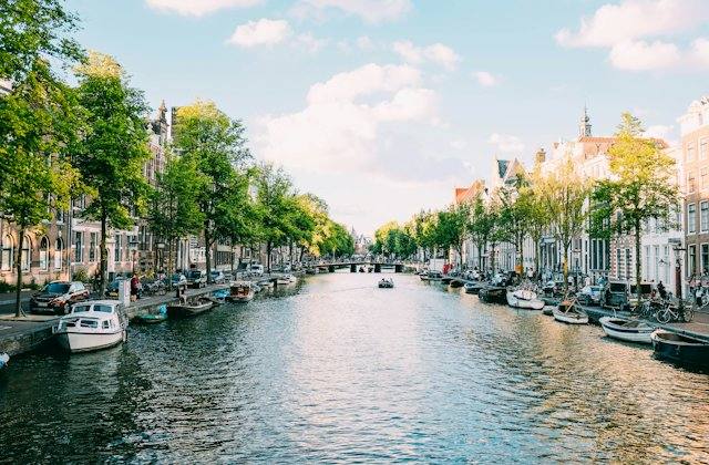 Boats along an Amsterdam canal