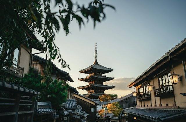 A pagoda above a street in Kyoto