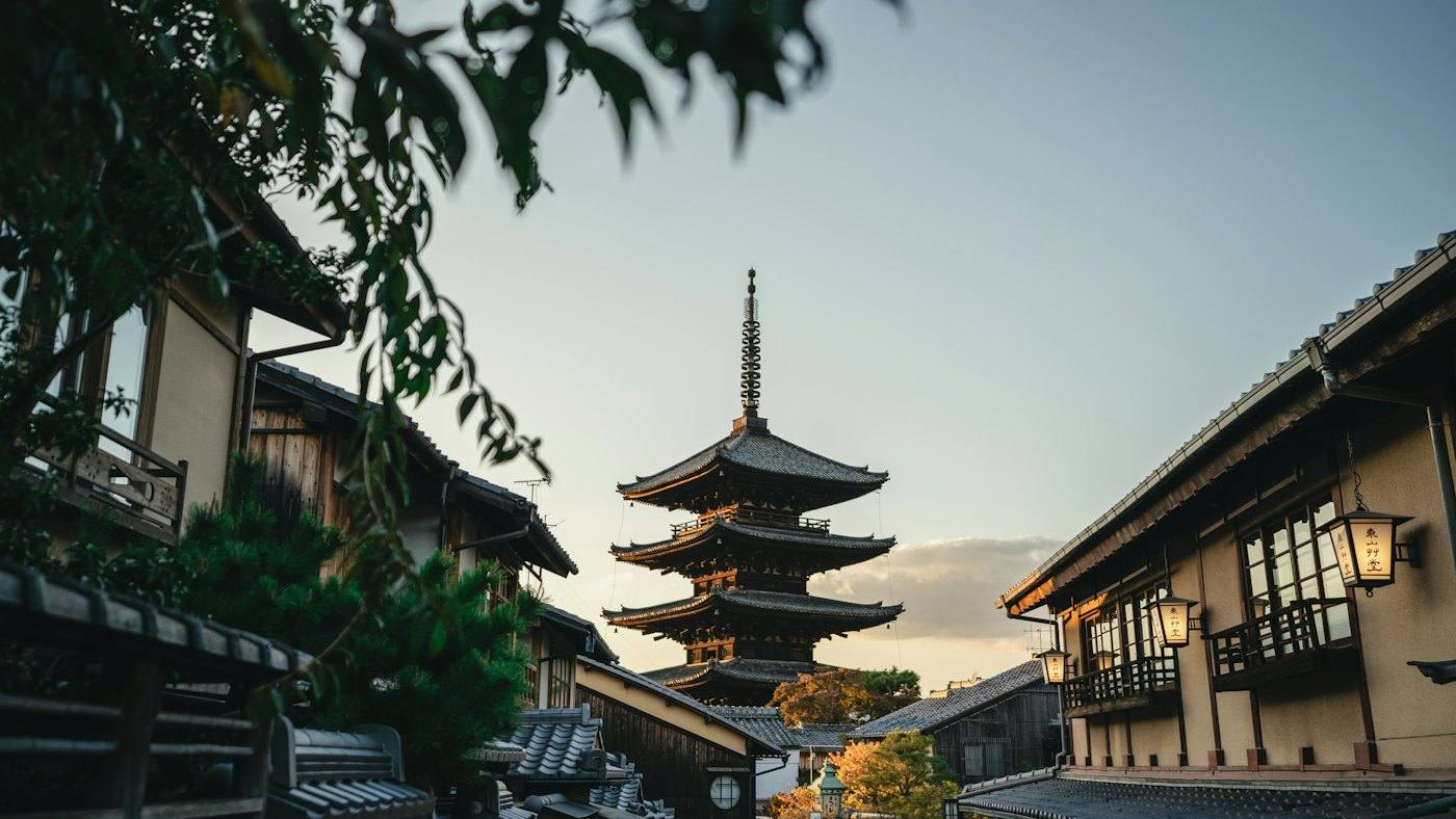 A pagoda above a street in Kyoto